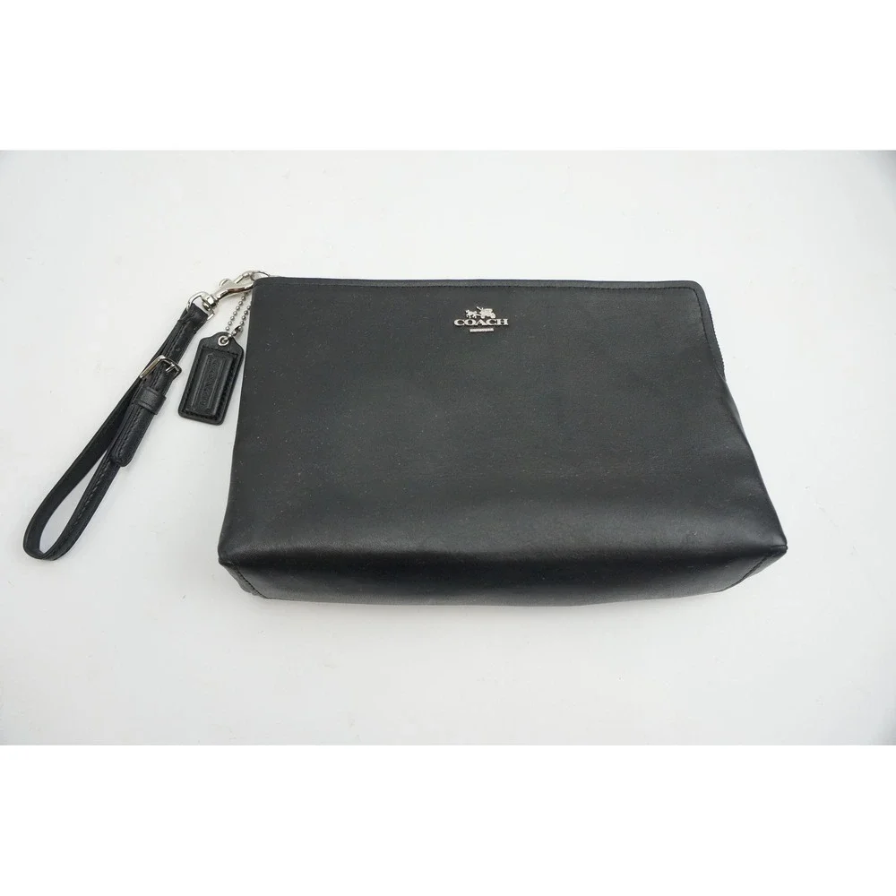 Coach Wristlet Black Leather Silver Hardware Logo Plaque Excellent